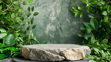 Leinwandbilder - Mock up of a Natural Stone and Concrete podium in Natural Green Background: Empty show for packaging product presentation. Background for cosmetic products, the scene with green leaves.