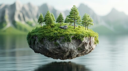 Poster - An illustration of a floating fantasy island with a globe of plants on it, surrounded by green grass and trees. Travel and holidays creative ad in 