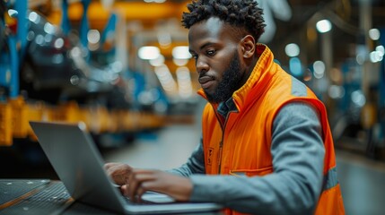 Poster - An engineer in high visibility vest uses a laptop computer at a manufacturing facility for the automotive industry. A robot arms technology is being used on an automated assembly line to produce