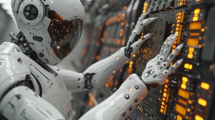 Poster - A modern high-tech authentic robotic arm holding a contemporary supercomputer processor. Industrial robots with end effectors holding computer chips.