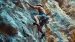 A rock climber scaling a steep cliff, muscles strained, gripping tightly to the rock face.