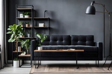 Poster - Black industrial bookcase and a plant stand next to an upholstered sofa in a gray living room interior with place for a coffee table. Real photo