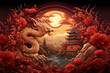 Golden statue of an angry Chinese dragon in 3D in front of an arc