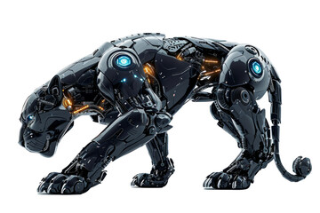 Fototapete - Conceptual image of a cybernetically enhanced panther with robotic limbs and technological upgrades, displayed against a clean white background Generative AI