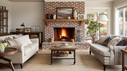 Poster - Realistic photo of a farmhouse-style living room, brick fireplace, vintage decor, comfortable seating, soft natural lighting, cozy and nostalgic feel Generative AI