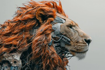 Poster - Realistic photo of a lion with cybernetic enhancements, robotic mane, and metallic features against a white backdrop Generative AI