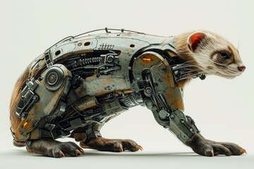 Aufkleber - Realistic portrayal of a robotized ferret with robotic features and cybernetic modifications, depicted against a solid white backdrop Generative AI