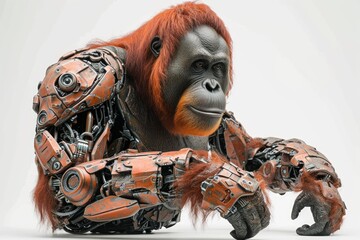 Poster - Realistic portrayal of a robotized orangutan with robotic limbs and cybernetic features, set against a solid white backdrop Generative AI