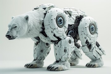 Fototapete - Realistic portrayal of a robotized polar bear with robotic limbs and cybernetic features, set against a solid white backdrop Generative AI