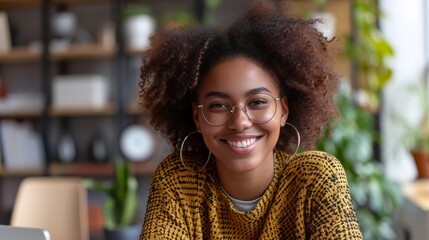 Poster - Realistic portrayal of a woman in a home office setup, sitting at a desk, smiling contently while engaging in a video meeting Generative AI