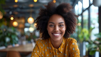 Poster - Realistic portrayal of a woman in an office setting, smiling cheerfully during a video call or virtual meeting with colleagues Generative AI