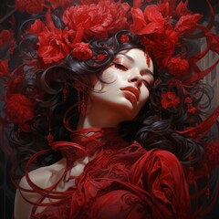 Aufkleber - futuristic woman's porter in ruby tones Generative AI