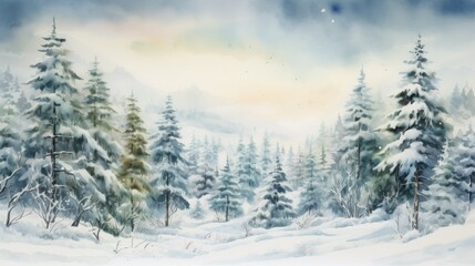 Poster - Snow-covered forests with pine trees. aquarelle Generative AI