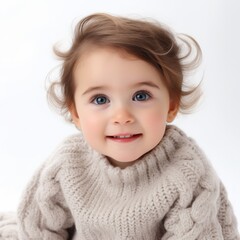 Poster - Stock image of a baby girl in a knitted sweater on a plain white background Generative AI