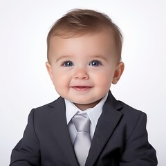 Poster - Stock image of a baby boy in a formal suit against a plain white background Generative AI