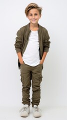 Poster - Stock image of a boy in casual clothing against a white backdrop Generative AI