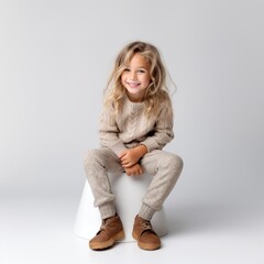 Poster - Stock image of a child in a cozy sweater and leggings on a plain white background Generative AI