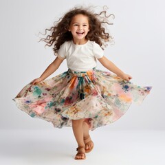 Poster - Stock image of a child wearing a floral skirt on a plain white background Generative AI