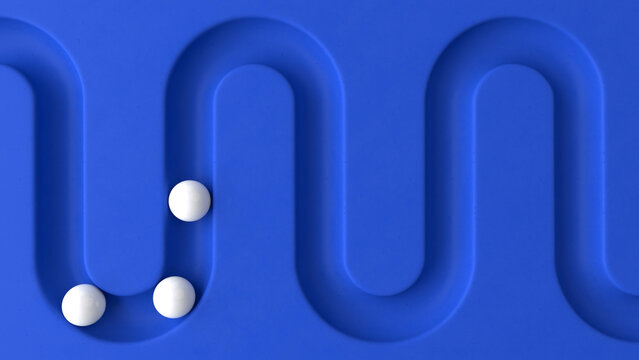 White balls rolling in geometry deepening. Smooth light, realistic graphics. 3d rendering