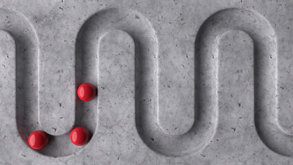 Poster - Red balls in geometry deepening on a marble 3D background. Smooth light, realistic graphics. 3d rendering