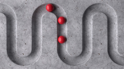 Poster - Red balls in geometry deepening on a marble 3D background. Smooth light, realistic graphics. 3d rendering