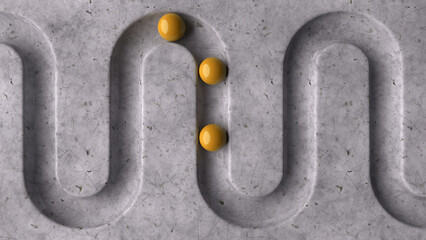 Poster - Yellow balls in geometry deepening on a marble 3D background. Smooth light, realistic graphics. 3d rendering