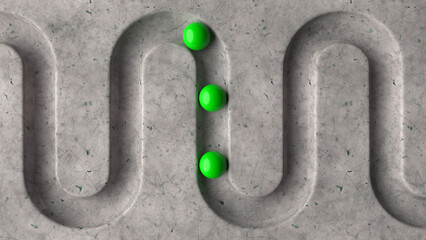 Poster - Green balls in geometry deepening on a marble 3D background. Smooth light, realistic graphics. 3d rendering
