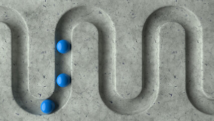 Poster - Blue balls in geometry deepening on a marble 3D background. Smooth light, realistic graphics. 3d rendering