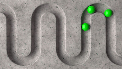 Poster - Green balls in geometry deepening on a marble 3D background. Smooth light, realistic graphics. 3d rendering