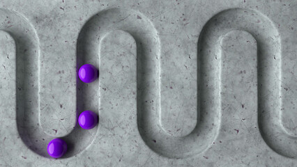 Poster - Purple balls in geometry deepening on a marble 3D background. Smooth light, realistic graphics. 3d rendering