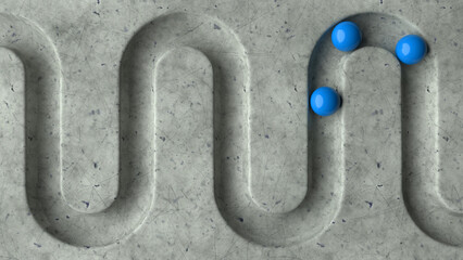 Poster - Blue balls in geometry deepening on a marble 3D background. Smooth light, realistic graphics. 3d rendering