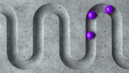 Poster - Purple balls in geometry deepening on a marble 3D background. Smooth light, realistic graphics. 3d rendering
