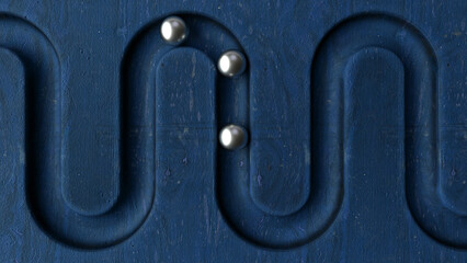 Poster - Metal balls in geometry deepening on blue wooden background. Smooth light, realistic graphics. 3d rendering