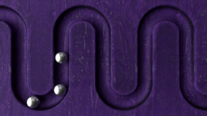 Poster - Metal balls in geometry deepening on purple wooden background. Smooth light, realistic graphics. 3d rendering