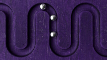 Poster - Metal balls in geometry deepening on purple wooden background. Smooth light, realistic graphics. 3d rendering