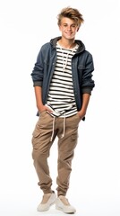 Poster - Stock image of a teenage boy in fashionable clothing on a white backdrop Generative AI