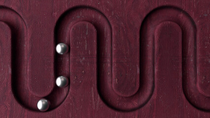 Poster - Metal balls in geometry deepening on burgundy wooden background. Smooth light, realistic graphics. 3d rendering