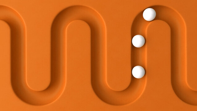 White balls rolling in geometry deepening. Smooth light, realistic graphics. 3d rendering