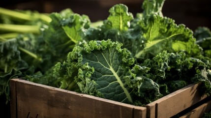 Poster - A box brimming with freshly harvested green kale, close-up realistic photo Generative AI