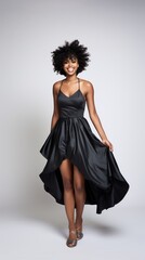 Poster - Stock image of a woman wearing a cocktail dress on a plain white backdrop Generative AI