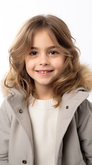 Poster - Stock image of a young girl in a winter coat on a white backdrop Generative AI