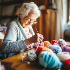 Poster - Stock image of an elderly woman knitting at home, crafting and creating Generative AI