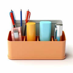 Poster - Stock image of an office desk organizer set on a white background, tidy, decluttering desk items Generative AI