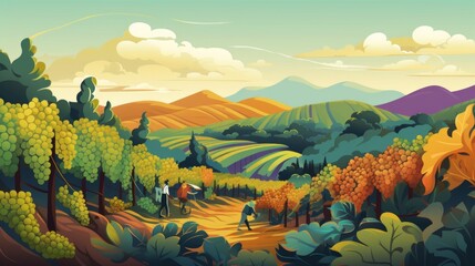 Aufkleber - A picturesque vineyard during harvest season with workers and grapevines. Generative AI