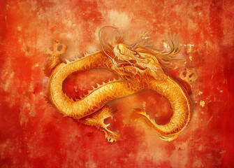 Wall Mural - Chinese gold dragon in red on a red background for Chinese New Year, Chinese auspicious symbol