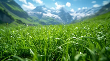 Poster - Swiss mountain landscape with lush green meadows in macro detail, showcasing vibrant blades of grass against the backdrop of towering peaks Generative AI