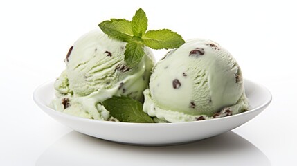 Poster - Three scoops of refreshing mint chocolate chip ice cream showcased in a close-up realistic photo against a white background Generative AI
