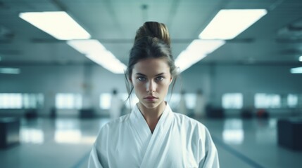 Poster - A scene capturing the concentration and dedication of a girl in a kimono during rigorous martial arts practice. Generative AI