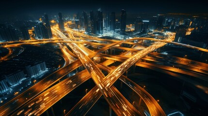 Canvas Print - A panoramic view of a large highway junction at night, capturing the glow of city lights and traffic streams. Generative AI