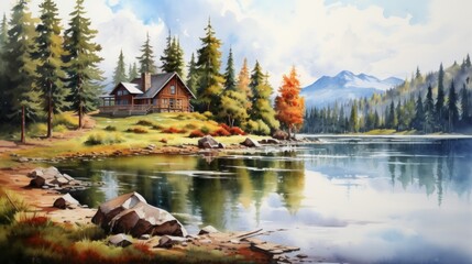 Aufkleber - A peaceful lakeside cabin surrounded by pine trees and a serene lake. landscape watercolor Generative AI